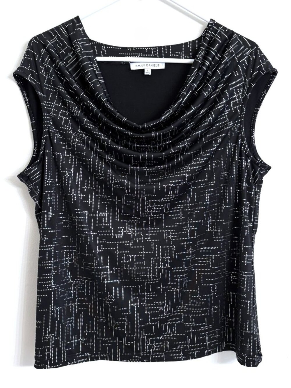 Emily Daniels Women's Black Silver Geometric Sleeveless Cowl Neck Large Top